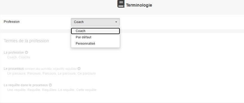 Interface de sélection de la terminologie personnalisée dans Cognito App montrant les options Coach, Par défaut et Personnalisé